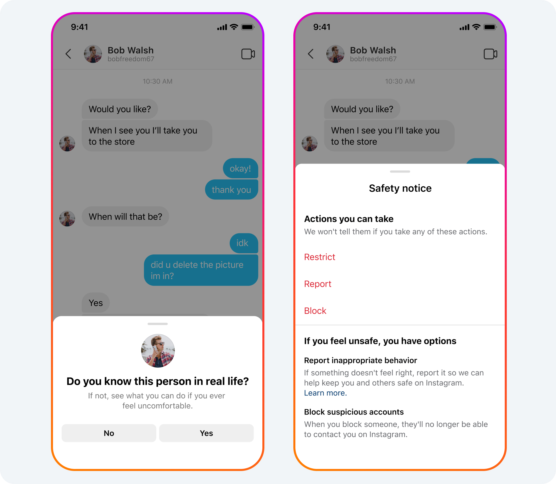 Product mock of default safety notifications on Instagram